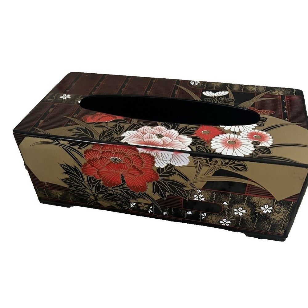 Vintage Yamanaka Japanese Black Lacquered Tissue Box Floral Design Japan